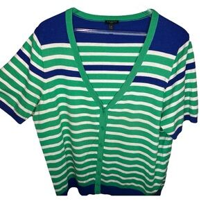 Talbots Striped Blue and Green Button Down Blouse Top